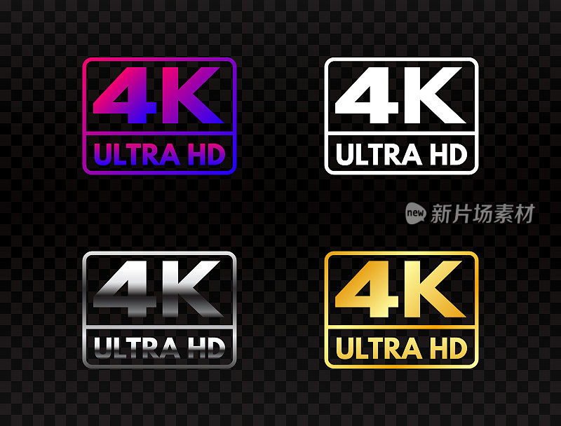 4K Ultra HD set on transparent background. High definition icon collection. UHD symbol in gold and silver. 4K resolution color mark. Full HD video label on dark backdrop. Vector illustration
